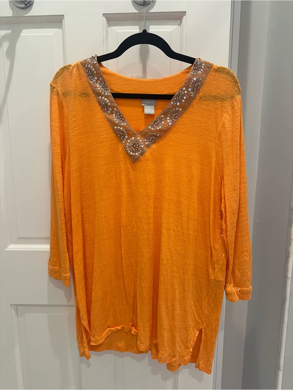 Chico's Bright Orange V-Neck Tunic with Sequin Trim